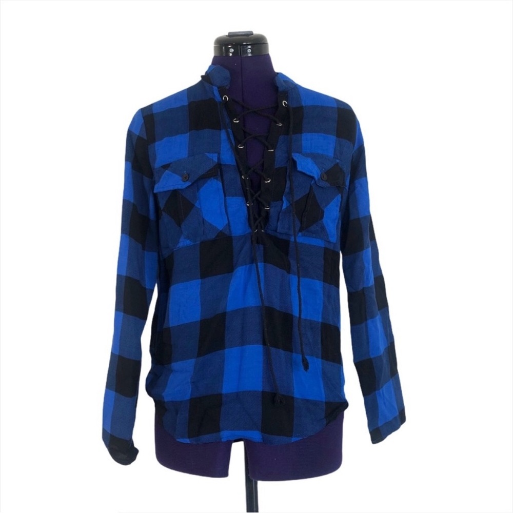 Blue Checkered Lace Up Long Sleeve Top